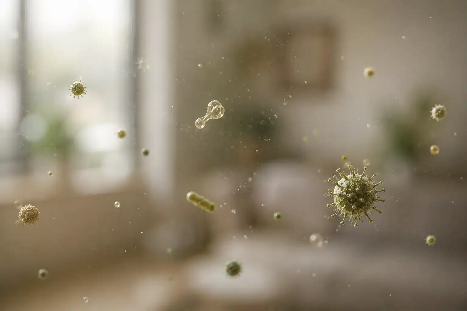 Microscopic 3D rendering of airborne germs, bacteria, and virus particles floating in indoor room air.