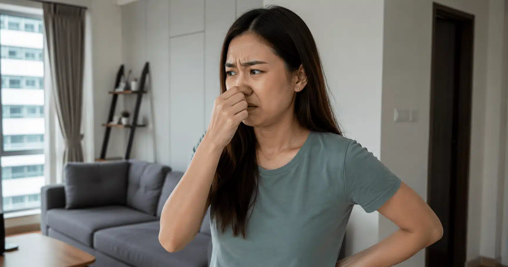 Woman pinching her nose from a bad smell in a modern living room during home cleaning.