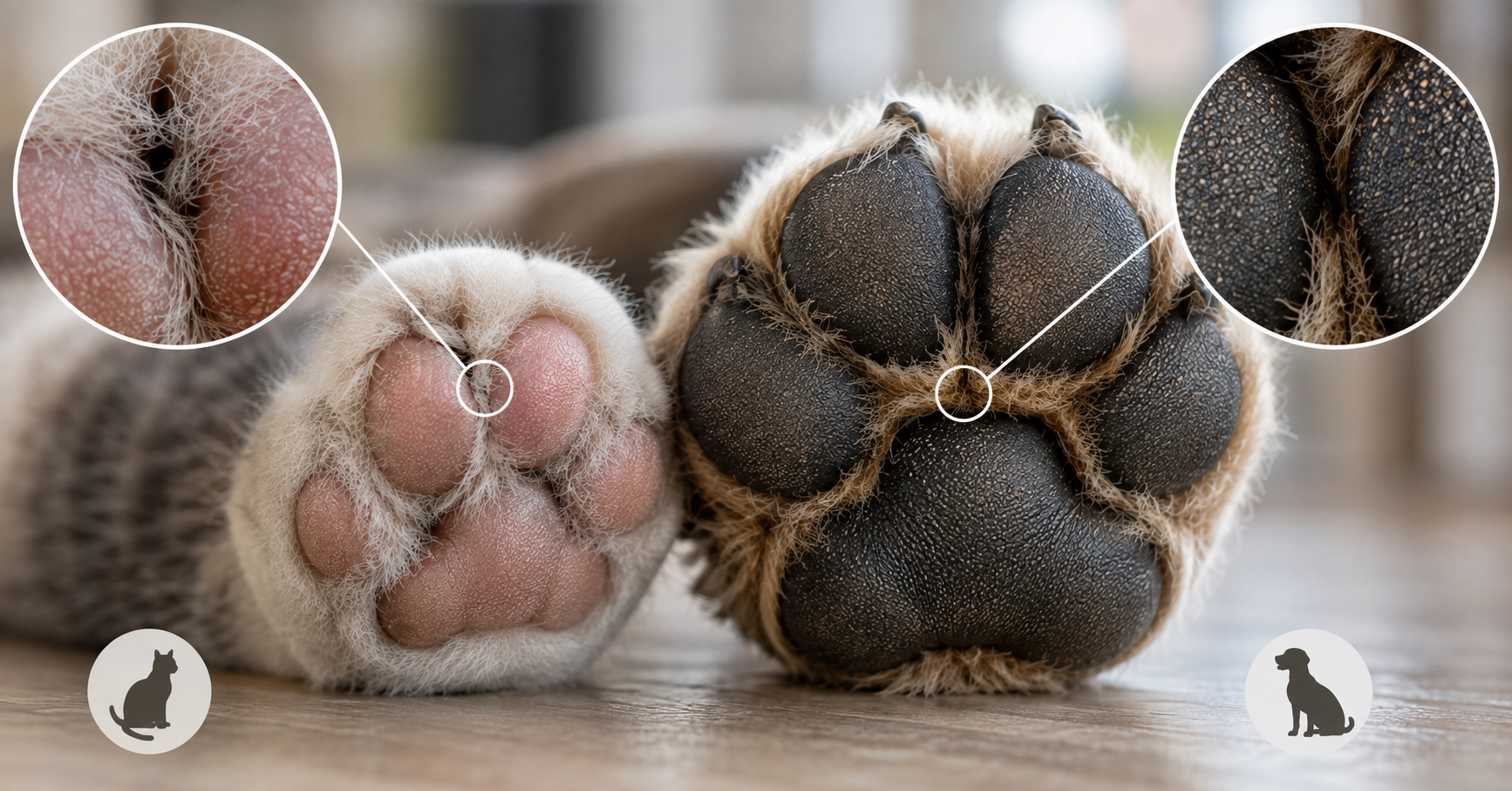 Close-up of cat and dog paw pads showing the deep grooves and creases between the toes
