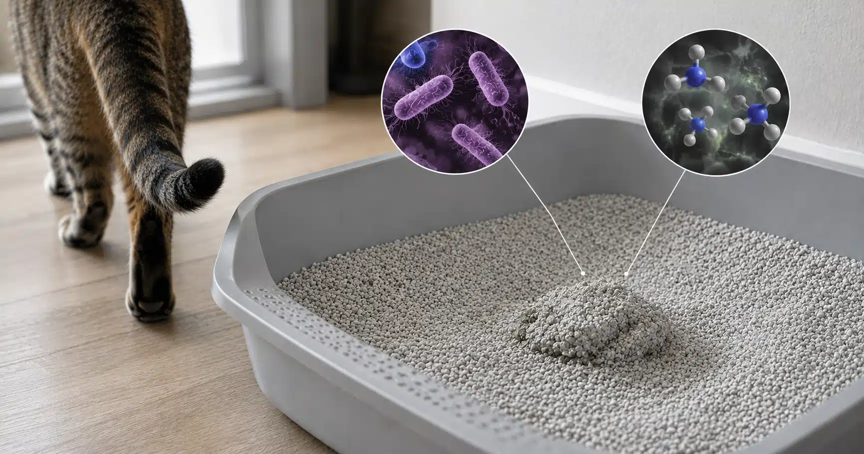 Cat leaving a litter box with bacteria and germs that can cling to its paws
