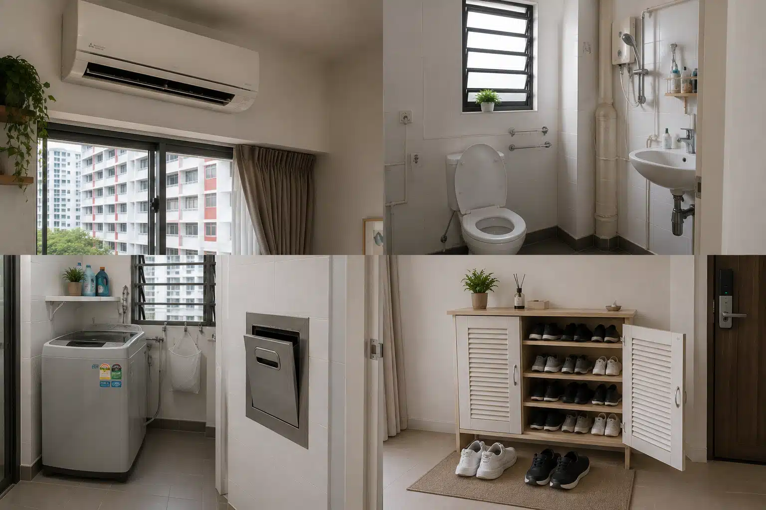 Four panel diagram of household odor hotspots including aircon, bathroom, refuse chute, and shoe cabinet.