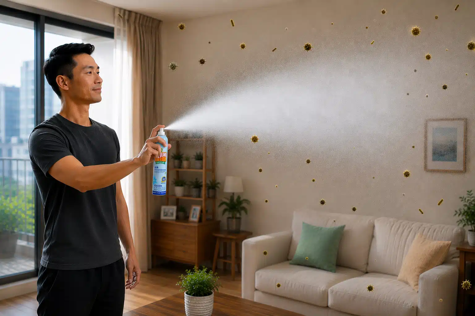 Man spraying GK Air disinfectant spray mist to eliminate airborne germs in a living room.
