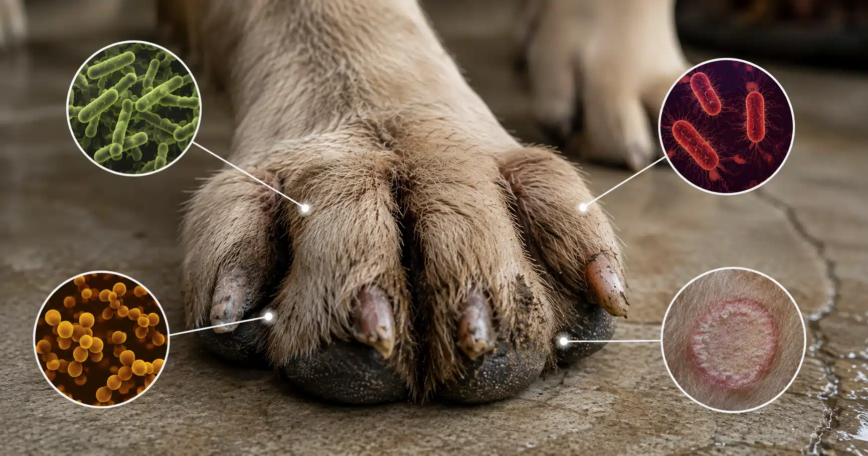 Dog paw showing bacteria and germs that can be picked up outdoors