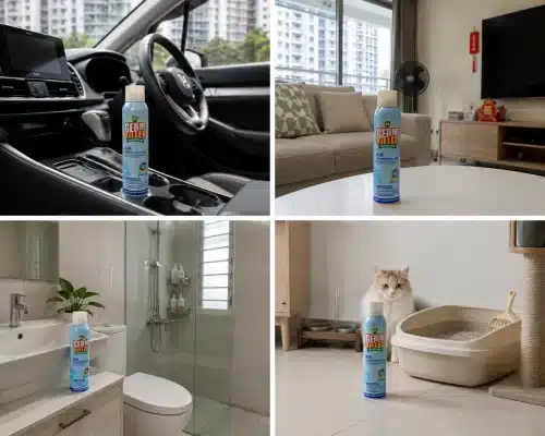 4-panel photo of GK GermKiller Air Disinfectant spray in a car, living room, bathroom, and near a cat litter box.
