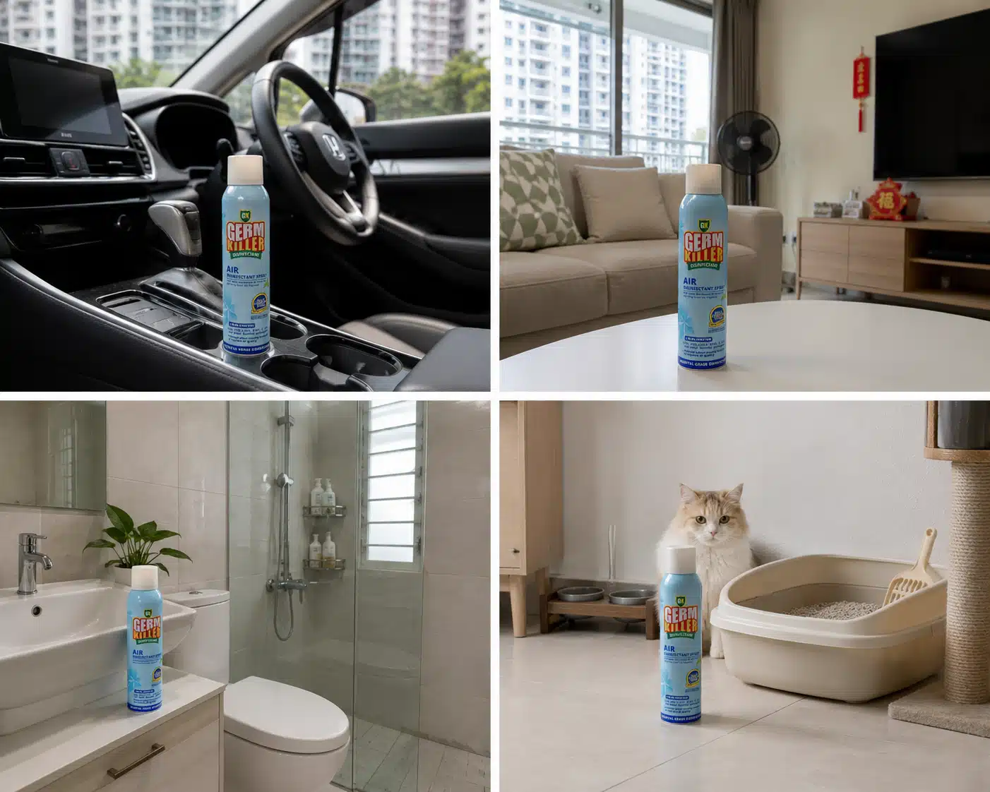 4-panel photo of GK GermKiller Air Disinfectant spray in a car, living room, bathroom, and near a cat litter box.