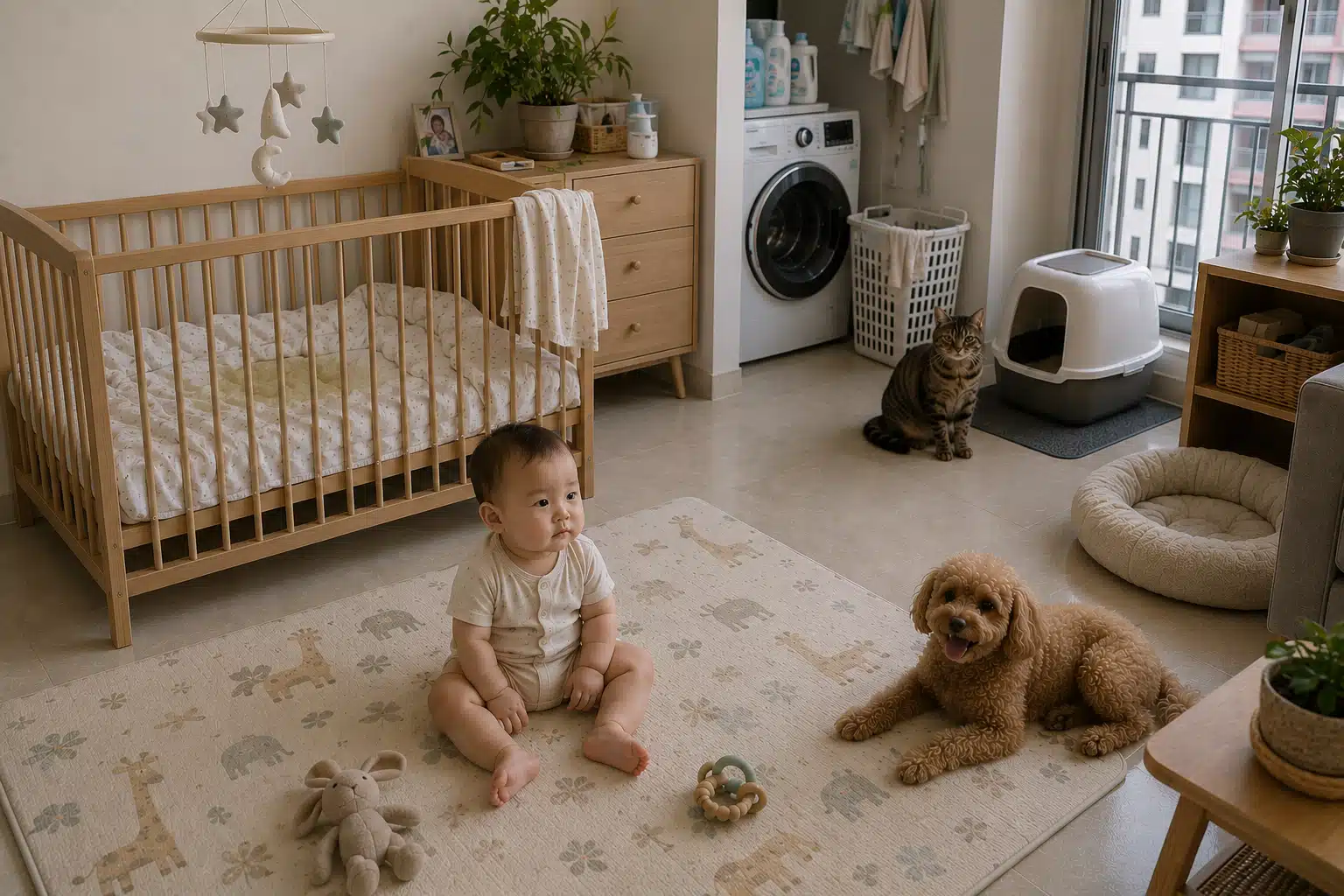 Baby sitting on a play mat with a dog and cat in a pet-friendly nursery room.