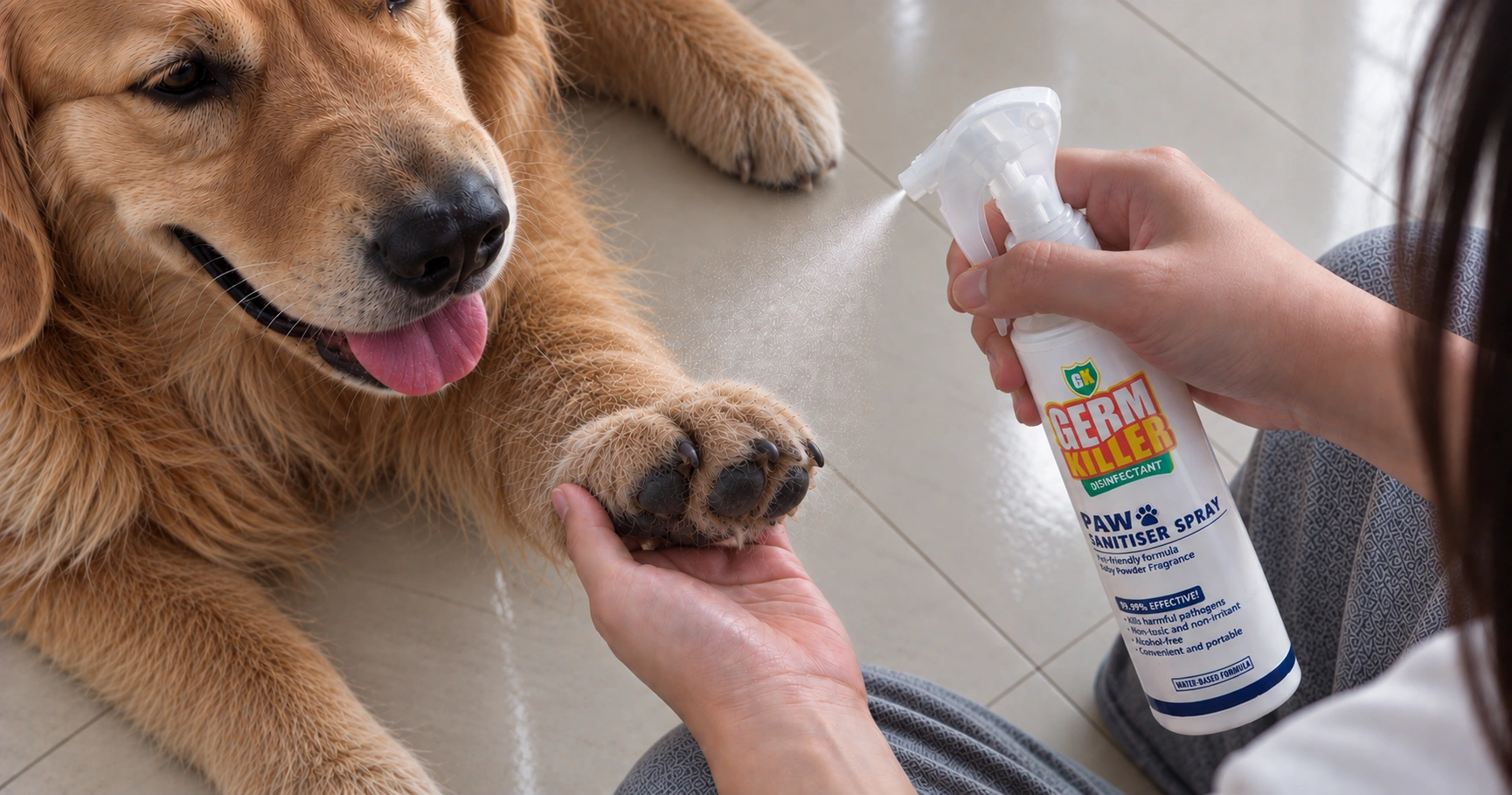 Pet owner cleaning a dog's paw with GK Paw Sanitiser after an outdoor walk