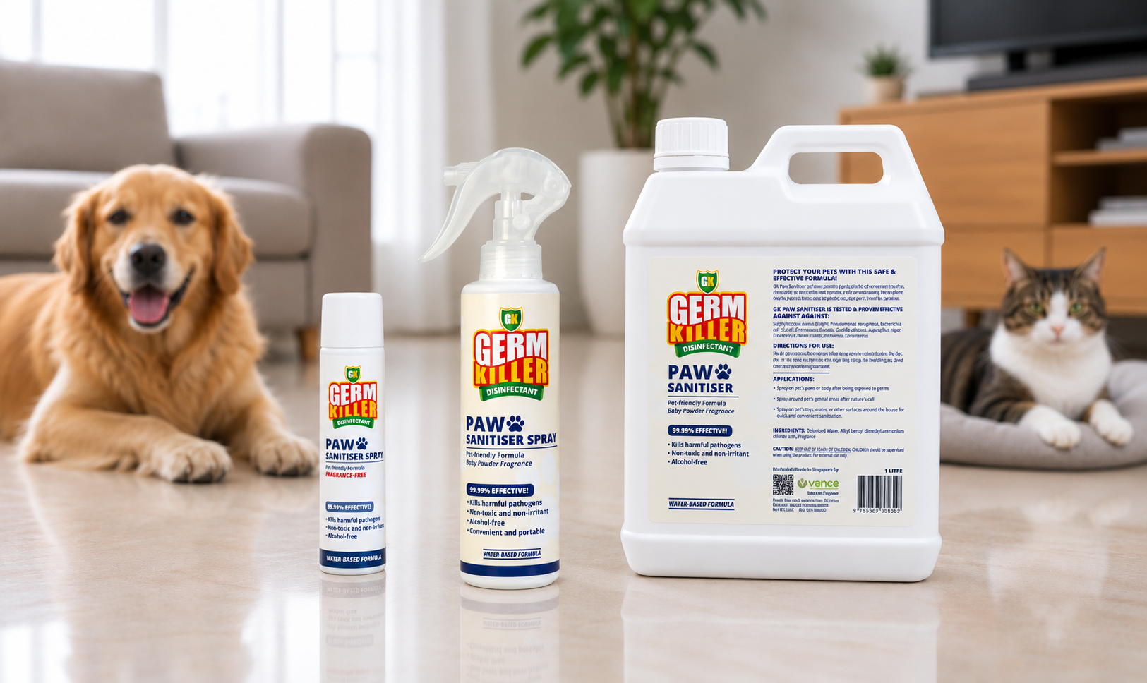 GK GermKiller pet-safe sanitiser products for dogs and cats