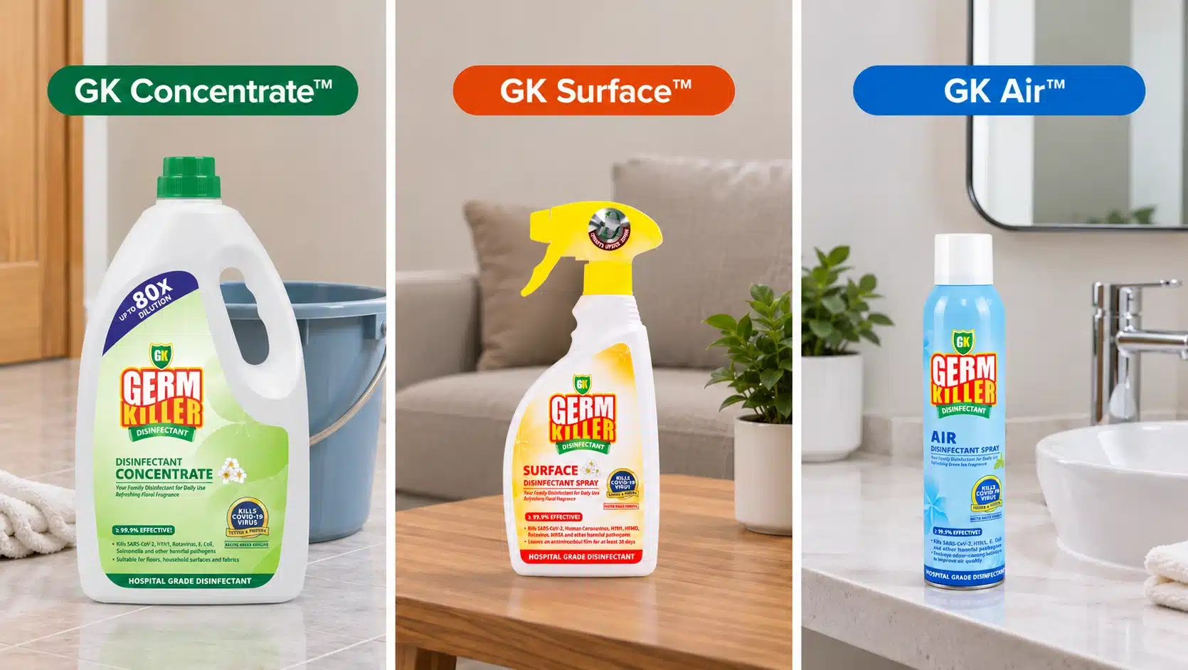 GK Germ Killer cleaning range with Concentrate, Surface and Air disinfectant products