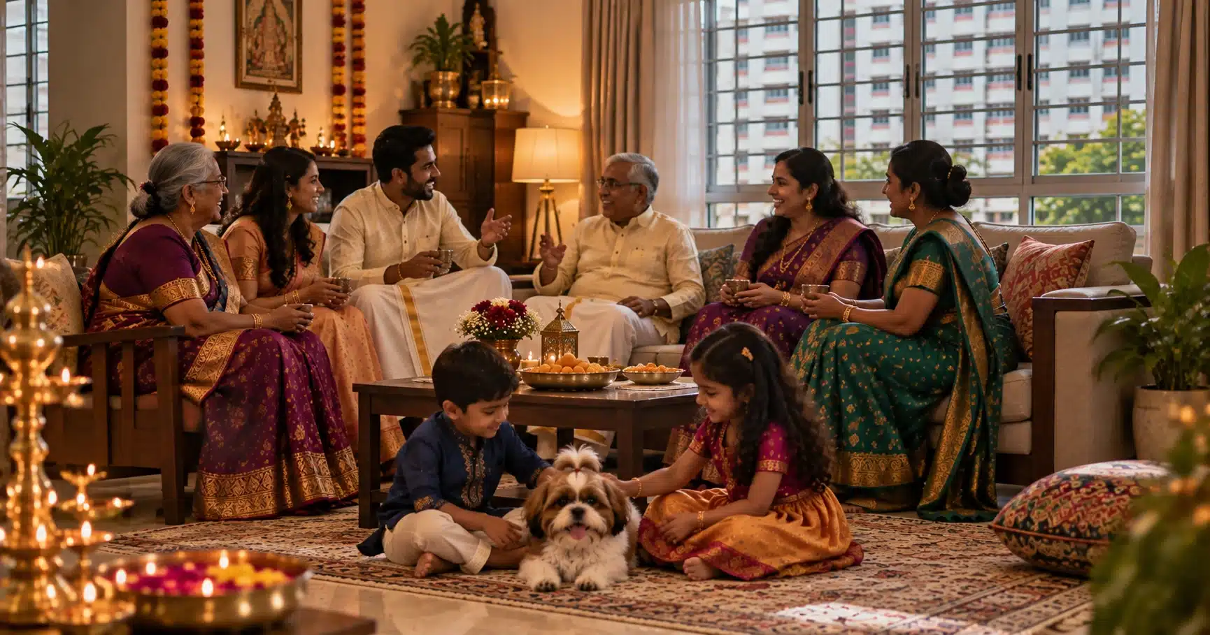 Family celebrating Deepavali together at home in Singapore
